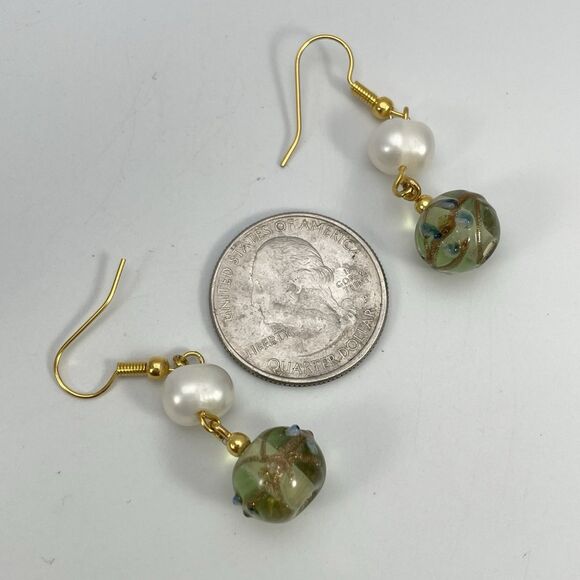Artisan Handcrafted Green Wedding Cake Bead Freshwater Pearl Earrings Dangle - Picture 4 of 5